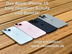 Das brandneue Apple iPhone 15 ohne Bonität bestellen? Das klingt zu schön, um wahr zu sein, oder? Nicht bei der Allinmobile GmbH! Seit über 10 Jahren vermitteln wir Handyverträge aller Art, auch ohne Bonitätsprüfung. Mit uns können Sie das begehrte Apple iPhone 15 ohne Bonität bestellen und schon bald in den Händen halten. Mit unserem schnellen und zuverlässigen Service müssen Sie sich keine Sorgen machen. Verpassen Sie nicht diese einzigartige Gelegenheit, Ihr Traum-Smartphone ganz ohne Bonitätsprüfung zu bekommen. Apple iPhone 15 ohne Bonität bestellen - jetzt bei der Allinmobile GmbH!